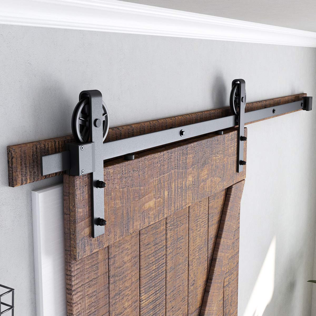 SMARTSTANDARD 6.6ft Heavy Duty Sliding Barn Door Hardware Kit, Black, (Whole Set Includes 1x Pull Handle Set & 1x Floor Guide) Fit 36"-40" Wide Door Panel (Big Industrial Wheel Hangers)