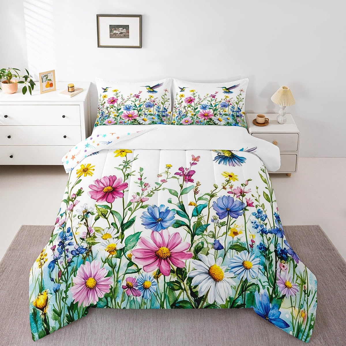 Feelyou Flower Bedding Set Twin Size Hummingbird Comforter Set for Kids Boys Girls Tropical Birds Comforter Hummingbird Flowers Duvet Set White