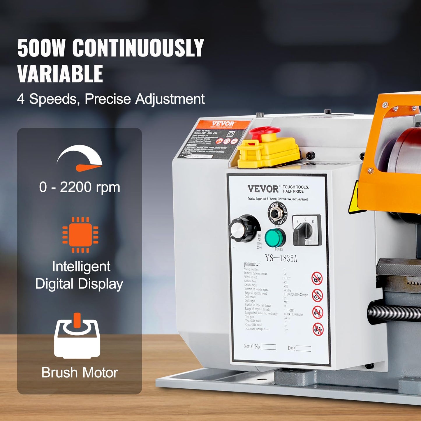 VEVOR Metal Lathe Machine, 7'' x 13.78'', Precision Benchtop Power Metal Lathe, 0-2200 RPM Continuously Variable Speed, 500W Brush Motor Metal Gears, with Tool Box for Processing Precision Parts