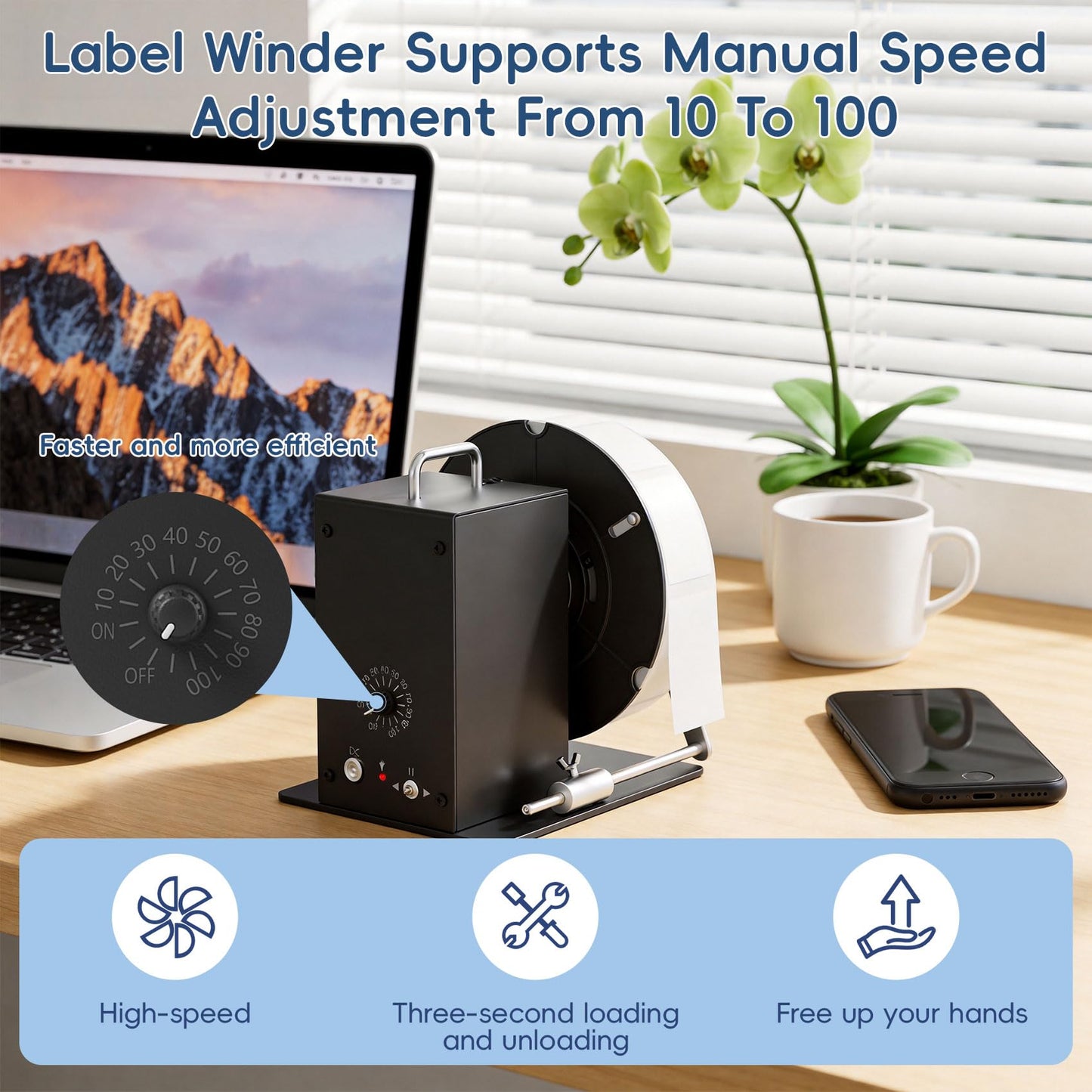 Automatic Label Rewinder Machine, Label Rewinder for 1"/1.5"/3" Core, Adjustable Speed Sync with Printer, Max Label Diameter 7.28" Width 4.72" and 2 Way Winding Direction