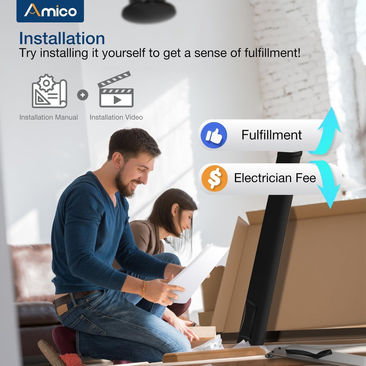 Amico 100 Inch Ceiling Fans Without Lights, Indoor/Outdoor Ceiling Fan with Remote Control, Reversible, 6 Blades, Noiseless, Industrial Black Ceiling Fan No Light for Patio, Porch, Garage, Shop