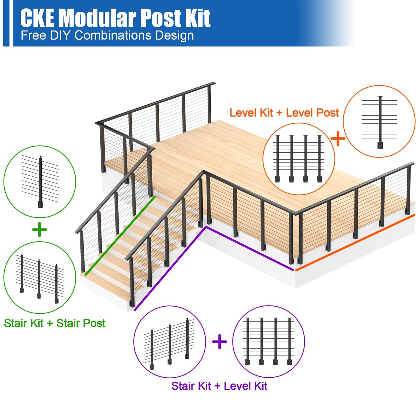 CKE Black Side Mount Stair Cable Railing Post 36 Inch (Post 44"x2"x2") for 25-35 Degrees Stair Railing, Left Side Space-Saving Stainless Steel Cable Railing System Kit Stair Post Indoor Outdoor SP03