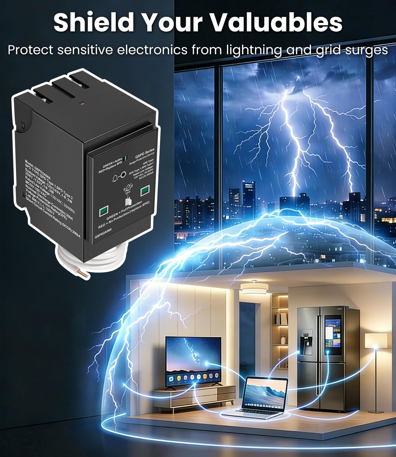 Replacement for Siemens QSPD2A065P Plug-in Surge Protection Device, 2-Pole 65kA 120/240V, 1Ø, 3W, Fits Siemens Type QP Load Centers, Whole House Power Spike Protection, LED Indicator & Audible Alarm