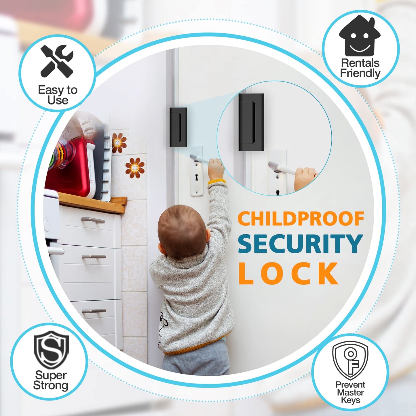 Home Security Door Lock Reinforcement - Child Proof High Security Door Locks with 3" Stop Withstand 800 lbs for Inward Swinging Front Door, Night Kids Safety Metal Flip Deadbolt Latch Defend Home