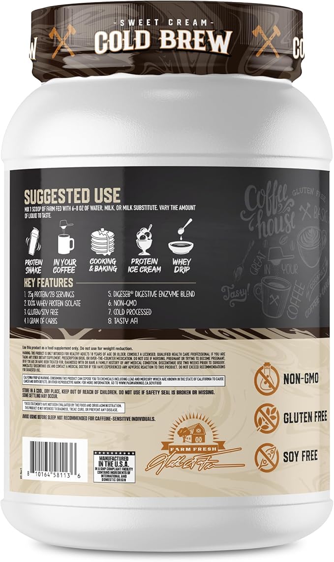 Axe & Sledge Farm Fed 100% Whey Protein Isolate | 25g Protein | Low Carb, Low Sugar, Gluten Free | Protein Powder for Men and Women | Keto | Made in The USA | 28 Servings, Sweet Cream Cold Brew