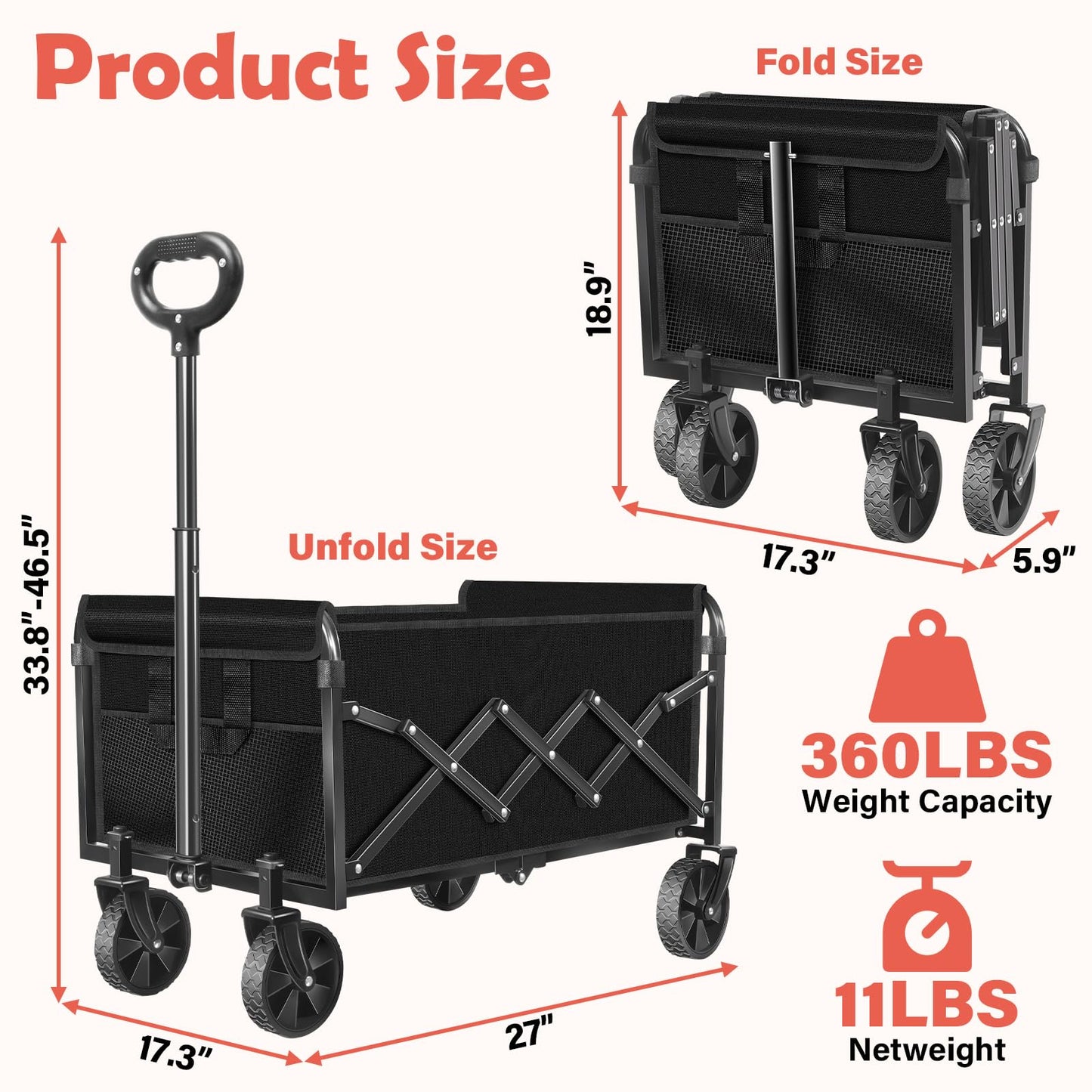 Wagons Carts Foldable, 360 Lbs with Adjustable Handle, Black Lightweight Portable, Collapsible Wagon for Camping, Shopping, Sports, Travel, Garage and Gardening Storage with Drink Holders