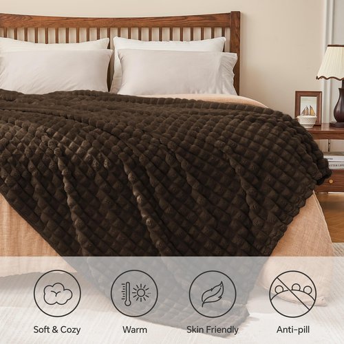 BEDELITE Brown Throw Blanket for Couch and Bed- Super Soft and Warm 3D Checkered Fluffy Fuzzy Fleece Blanket, Luxurious Plush Cozy Blanket for Room Decor Spring, 50x60 inches