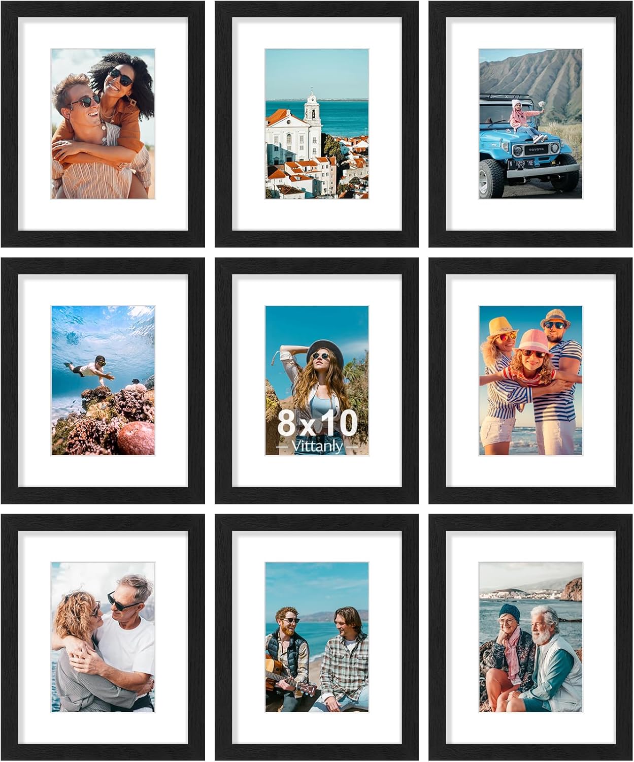 Vittanly 8x10 Picture Frames Set of 9 - Shatter Resistant Plexiglass | Display 5x7 or 8x10 Photos, Black