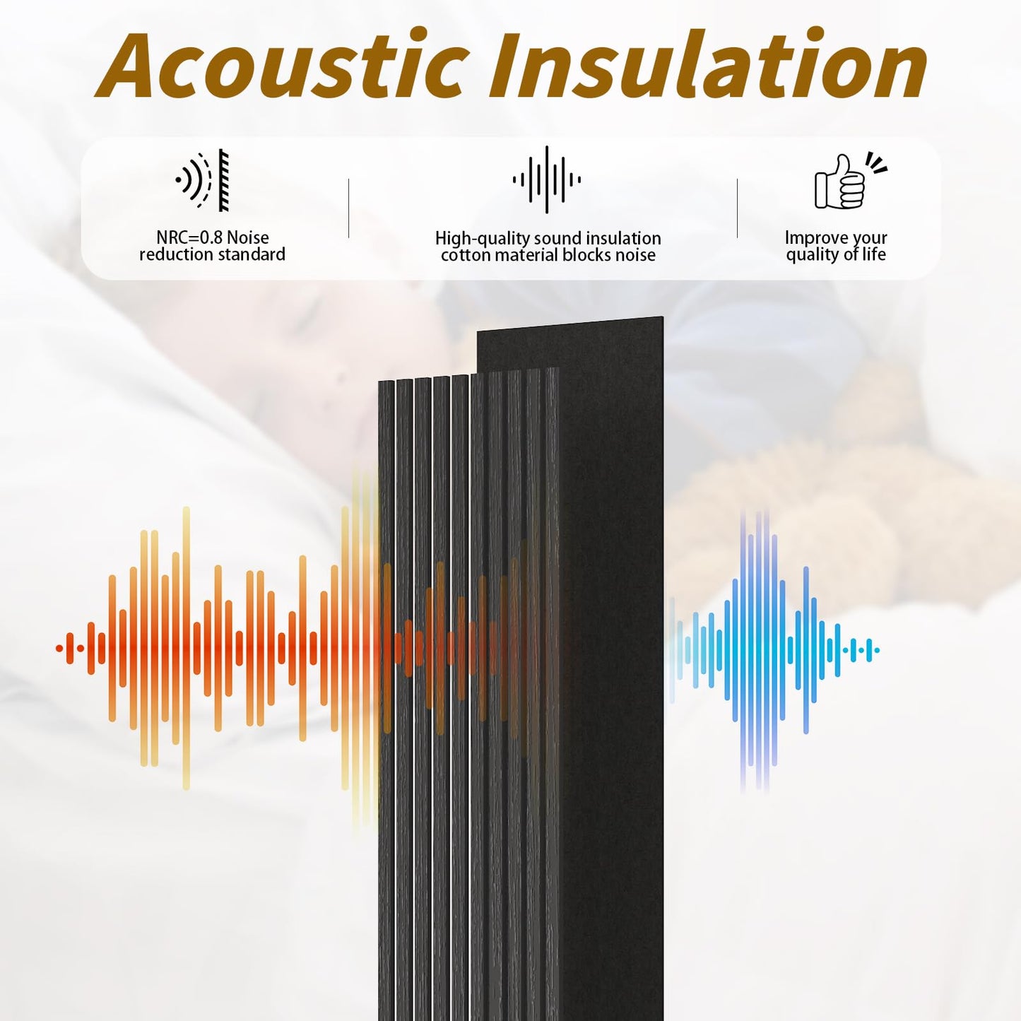 IMXPW 4-Piece Acoustic Wood Wall Panels, 3D Fluted Soundproof Wood Slat Wall Panels for Interior Wall Decor, 94.5" x 7.9"-Black