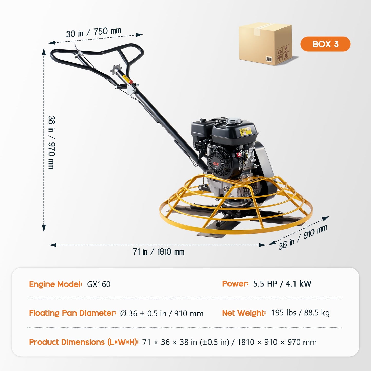 Albott 36" Power Trowel with 5.5 HP GX160 Engine, Walk-Behind Cement Trowel with Float Pan and 4 Blades, Commercial Gas-Powered Concrete Surface Finisher