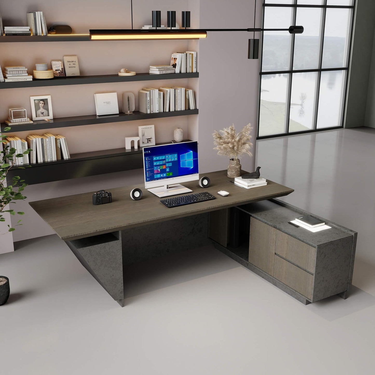 Modern Executive Desk - Adjustable Height L-Shaped Executive Desk with Drawers & File Cabinet, Black Luxury Home Office Desk, Standing Desks Business Workstation with Universal Charging Port, 78.74 In