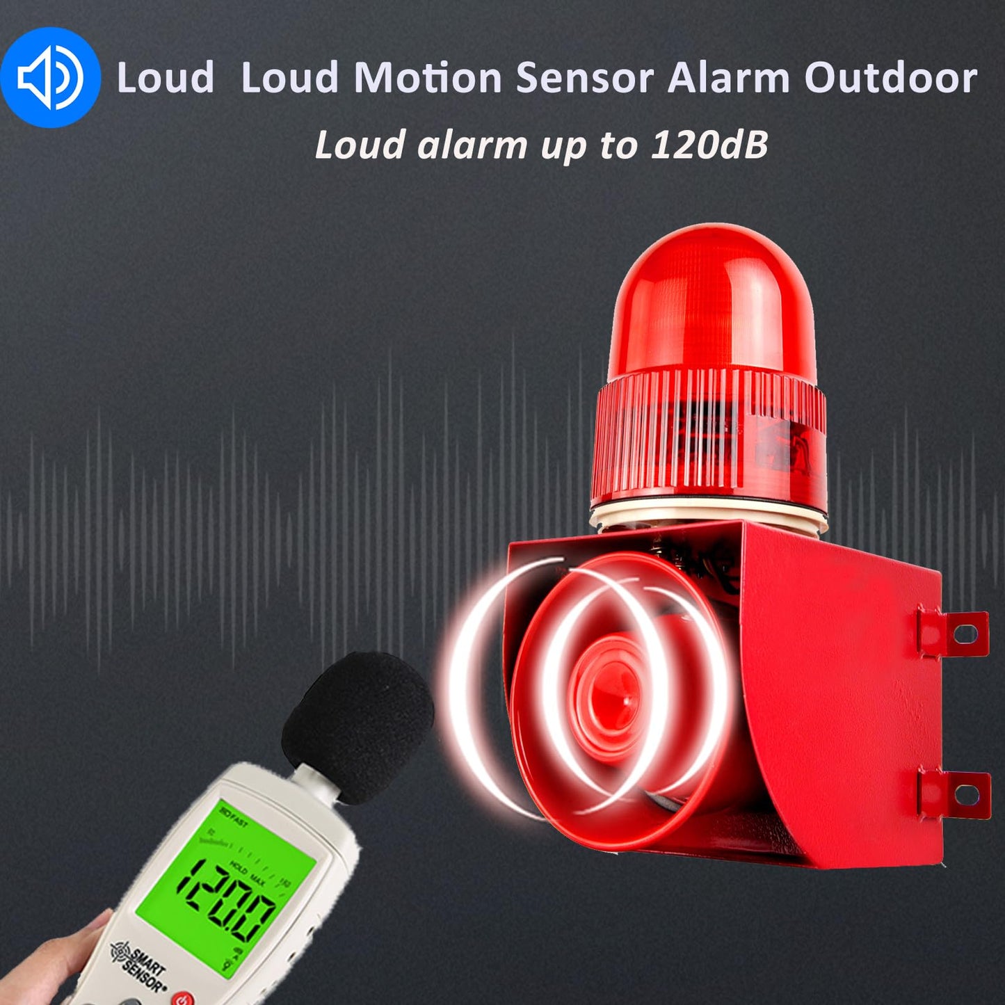 Y DIANS S Motion Sensor Alarm 120dB Horn Adjustable Volume Tones Waterproof LED Strobe Light Sirens Motion Detector Alarm System for Home Factories, Warehouses and Docks Security AC110-120 V SLA-01W