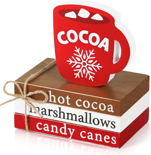 KORMMCO Christmas Wood Decor - Hot Cocoa Decorative Book Stack for Tiered Tray | Mini Faux Book Decor