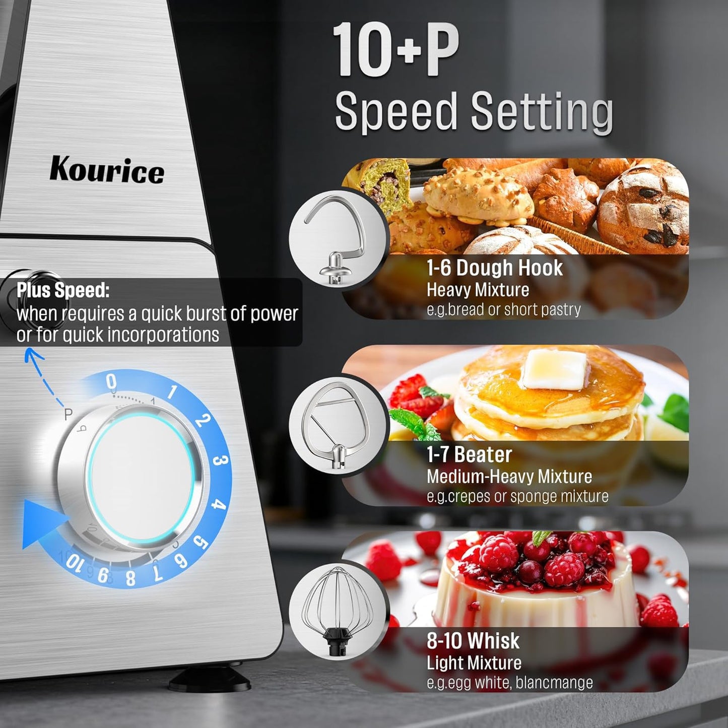 Kourice 6.5QT Tilt-Head Stand Mixer, Heavy Duty Pro 10-Speed Electric Mixer, Stainless Steel Cladding & Bowl with Dough Hook, Wire Whisk and Flat Beater for Home Baking, Bread, Cake, Pizza Dough