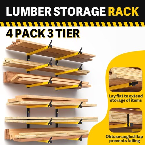 GREENER Lumber Storage Rack - Heavy-Duty Wall-Mounted Wood Organizer | 3-Level Design for Indoor & Outdoor Use, Yellow