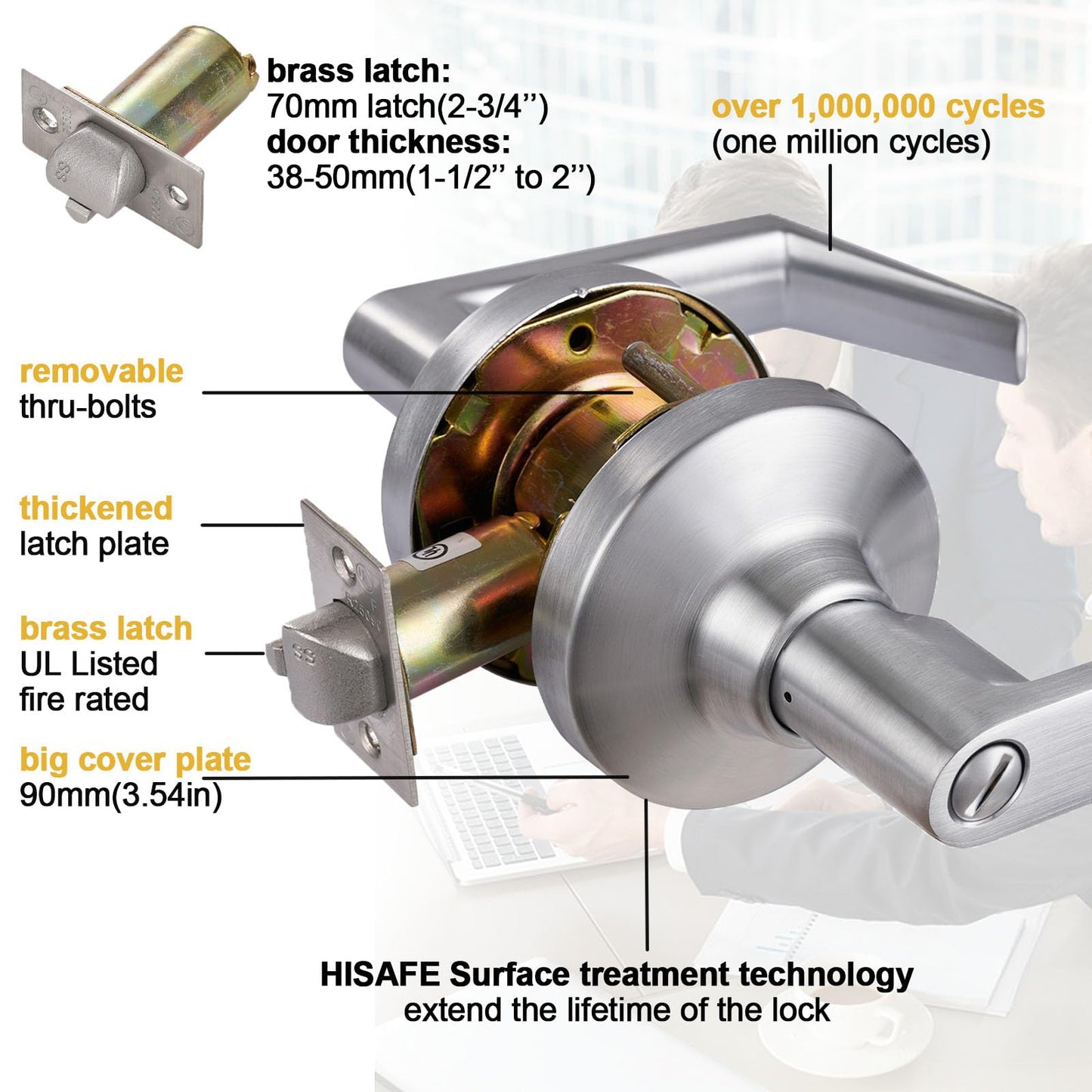 HISAFE Privacy Grade 1 Commercial Door Locks Heavy Duty Bathroom Door Lever, Non-Handed, UL 3 Hour Fire Rated, ADA Compliant, Brass Latch, 2-3/4''Backset, Satin Chrome 26D
