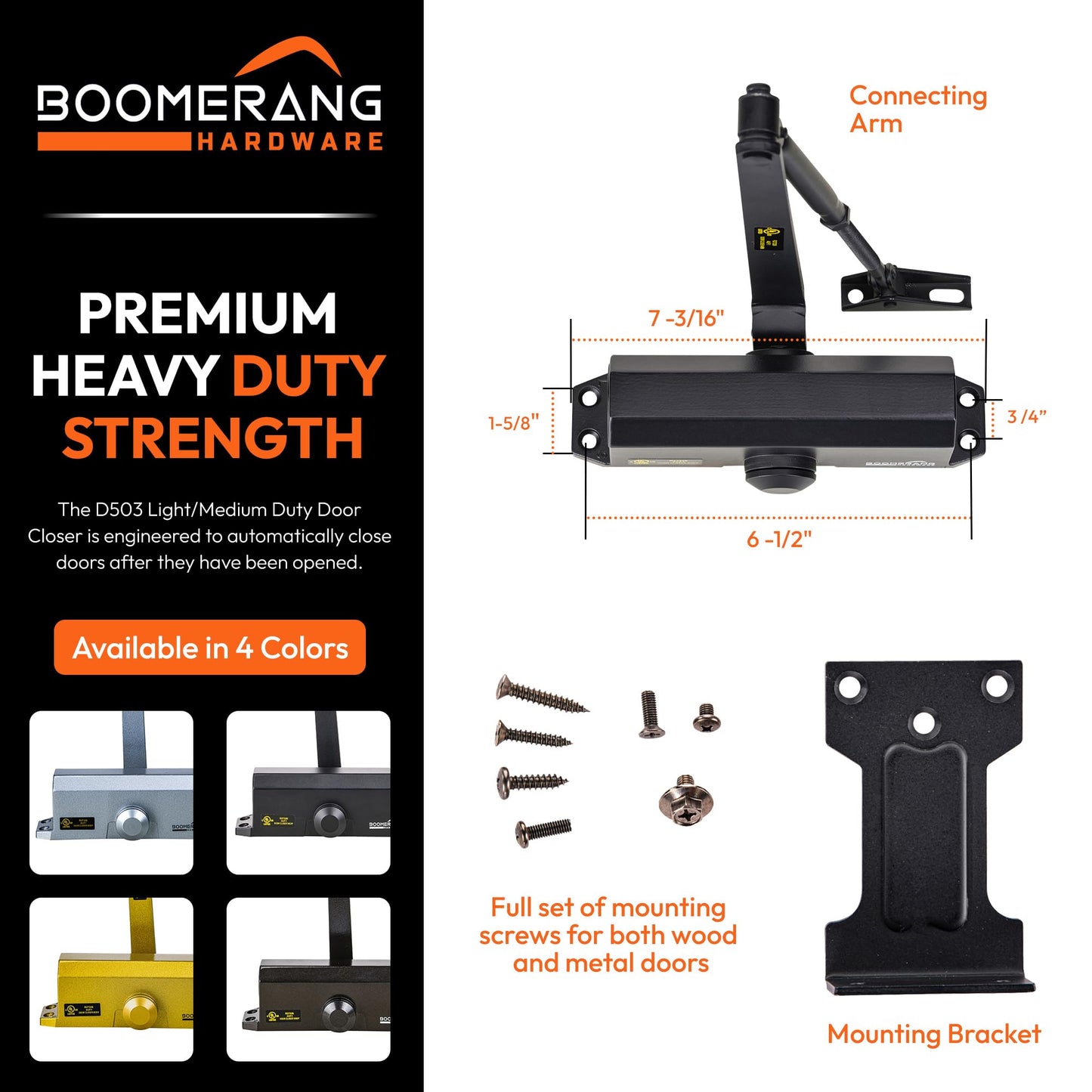 Boomerang D503 Light/Medium-Duty Designer Auto Commercial Door Closer, Multiple Mount Options, Door Closer for Light/Medium Traffic Areas, UL 3 Hour Fire Rated, Matte Black (US19)