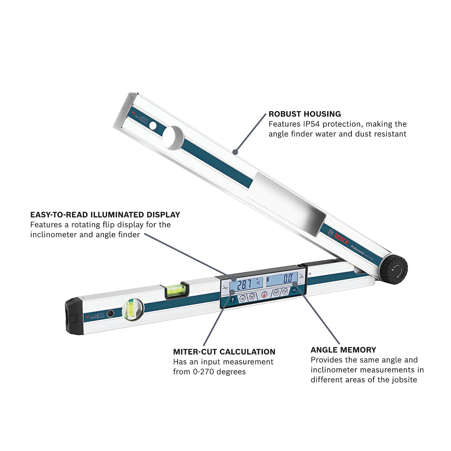 BOSCH GAM 270 MFL 5-in-1 Digital Angle Finder and Inclinometer, Includes Leg Extension, 4 AA Batteries, & Carrying Case