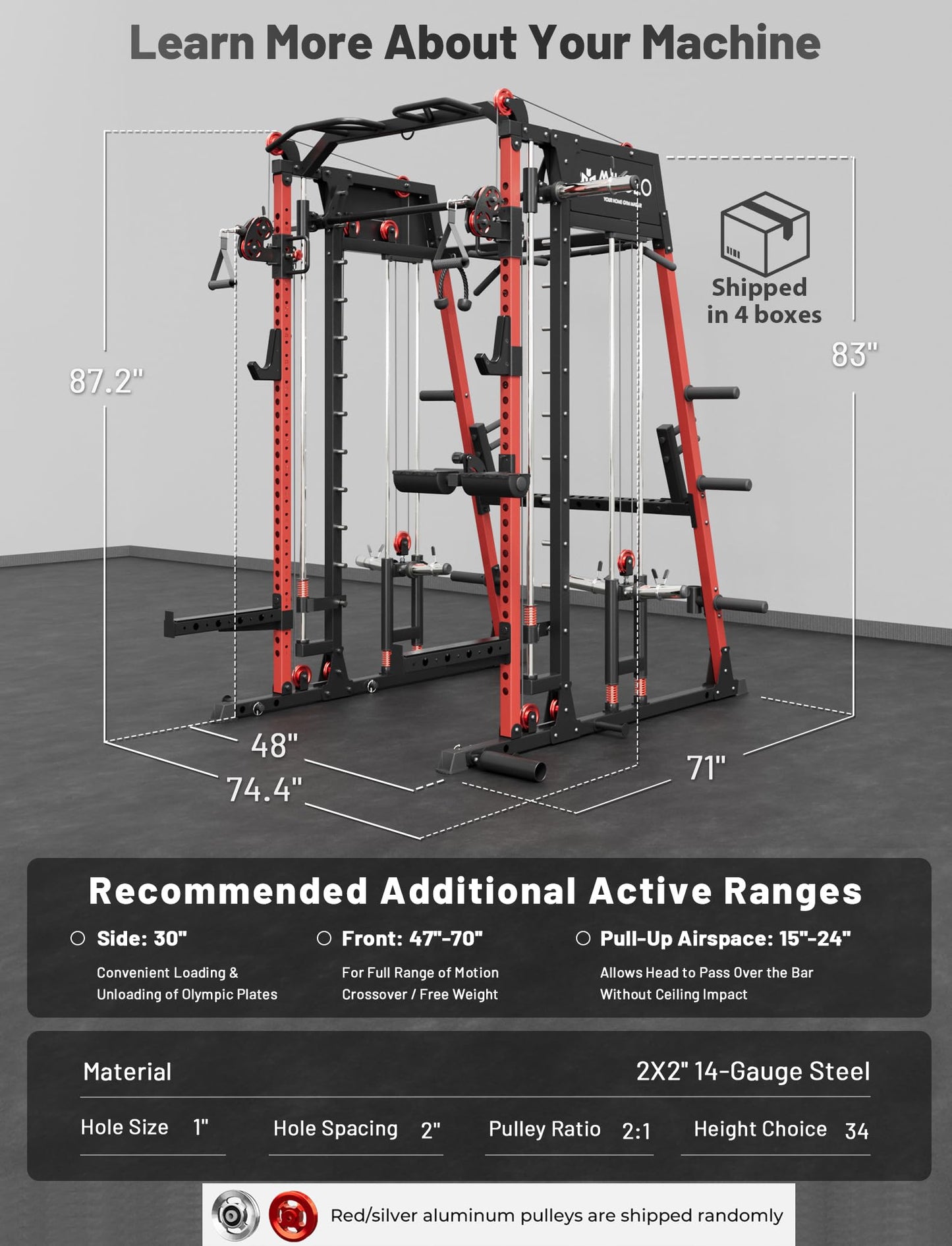 Mikolo M4 2.0 Ultra Smith Machine with Aluminum Pulles, All-in-One Home Gym Power Cage with LAT Pulldown & Cable Crossover, Squat Rack for Full Body Workouts (Red)