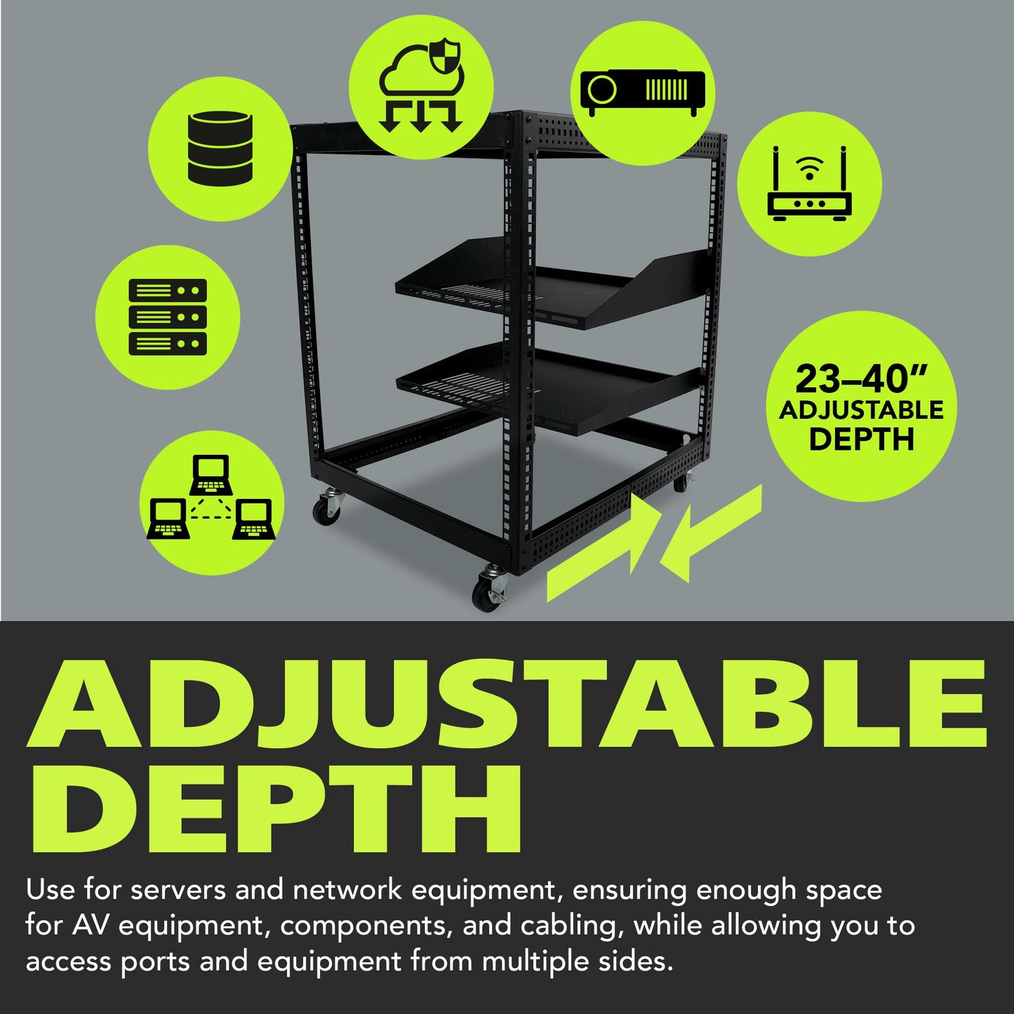 Pearington 12U Open Frame Server Rack, 23''-40'' Adjustable Depth, Free Standing or Wall Mount, 4 Post AV Rack with Casters, Holds Networking IT Equipment AV Gear Router Modem