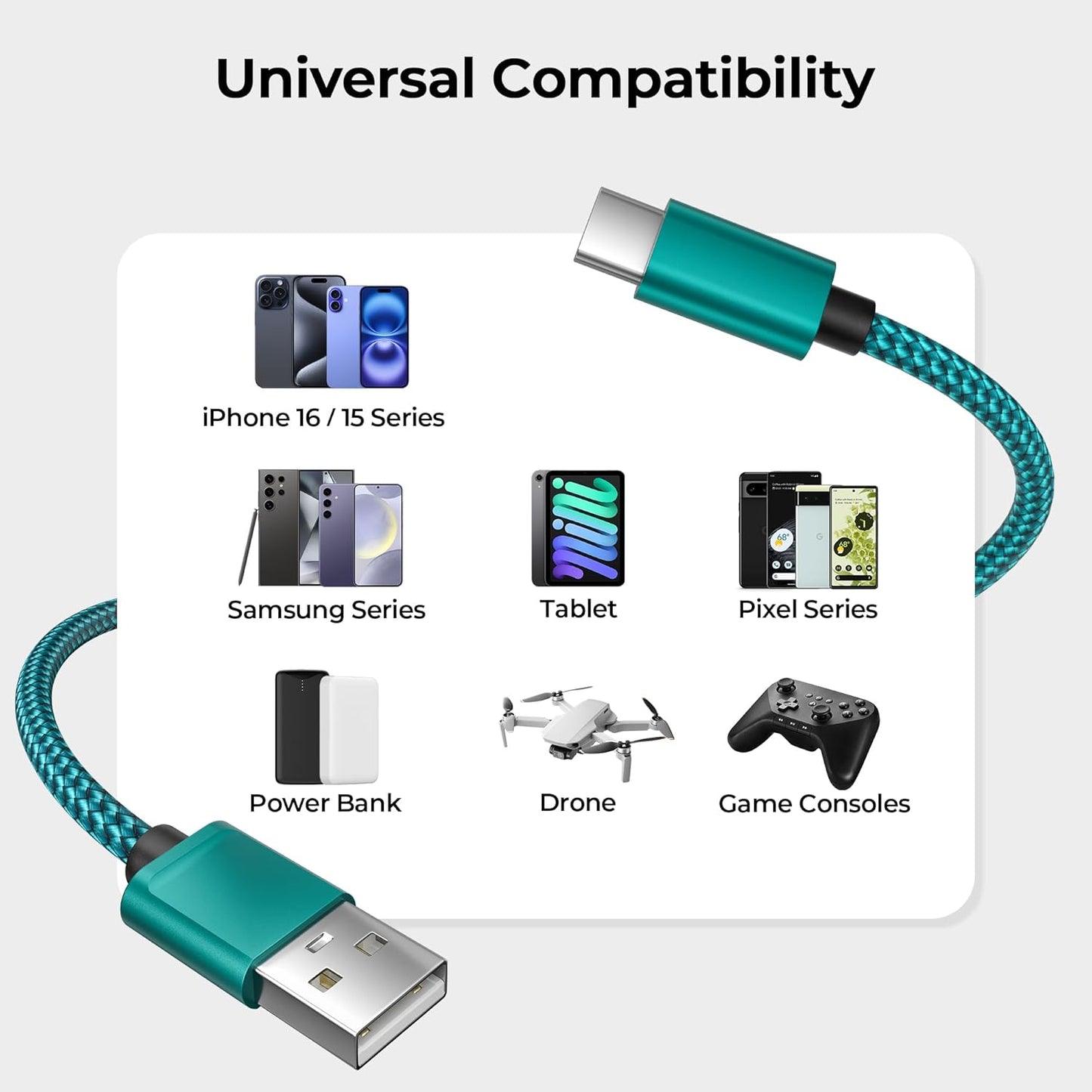 17 16 17e 15 10 4 5,Samsung S26 S25 S24 S23,Green,3Pack 3.3/6.6/10FT(1/2/3M) Basesailor for iPhone Pro Max Charger