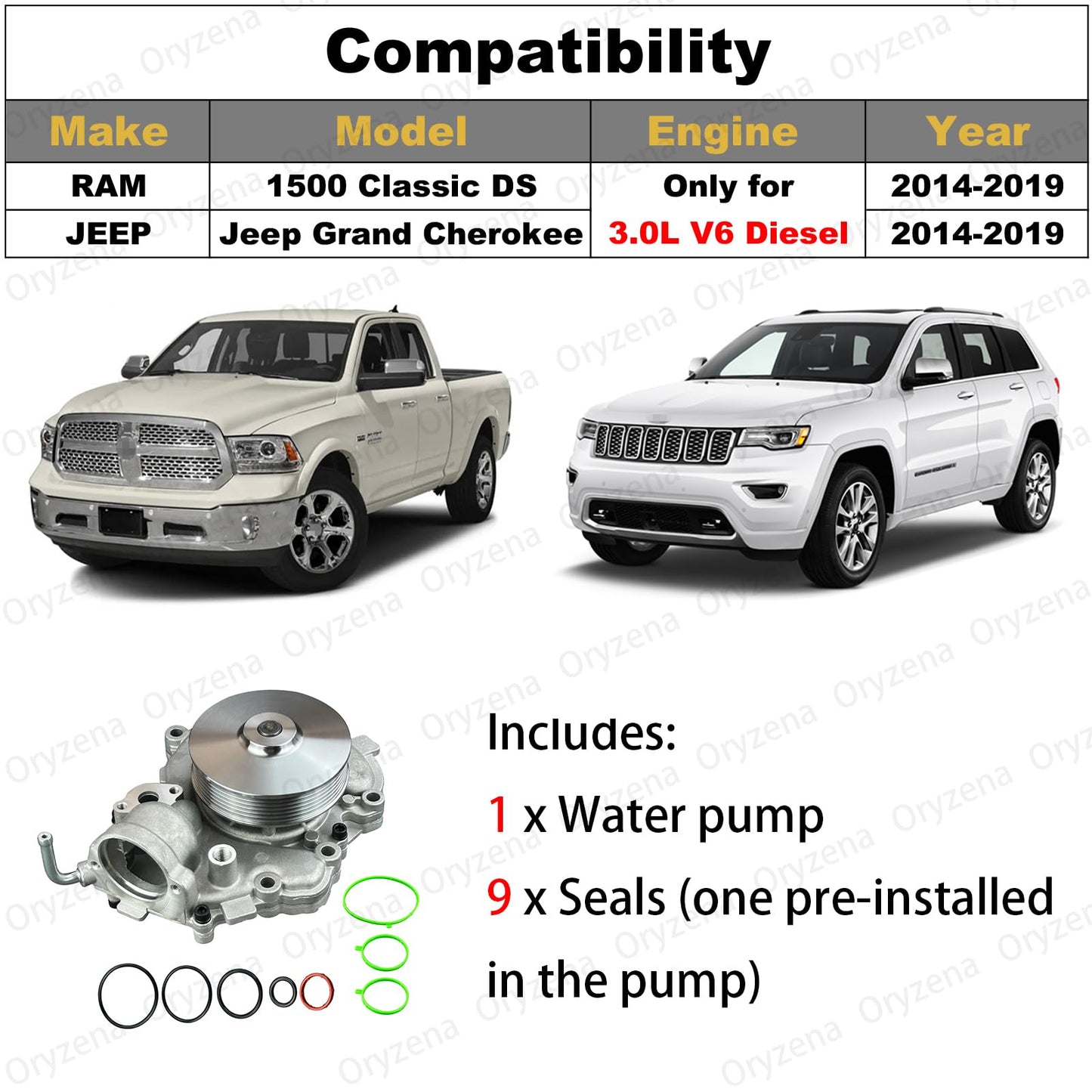 Oryzena Engine Water Pump with Seal Kit Compatible with Ram 1500 Classic DS 2014-2019, For Jeep Grand Cherokee WK2 2014-2019, 3.0L Eco Diesel/turbo V6 Replaces# 68211202AB 68211202AA 43127BH US8161