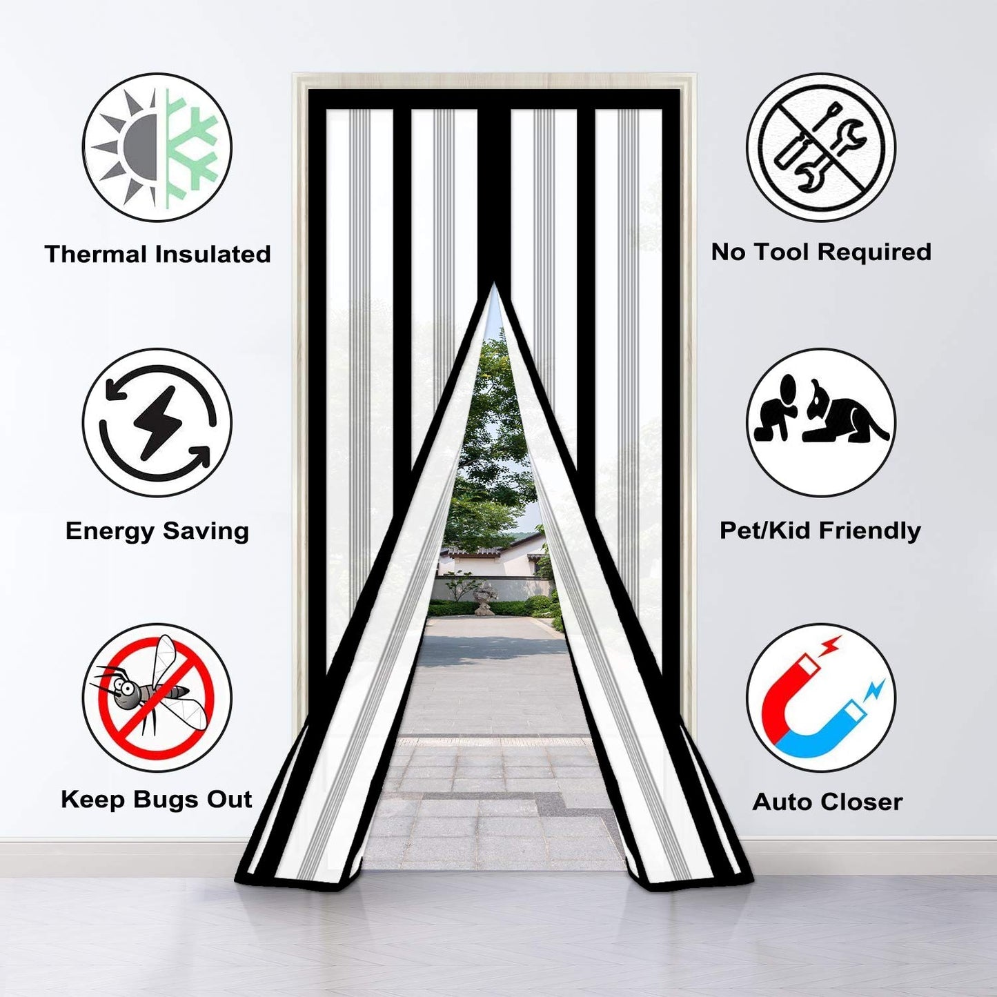 Insulated Door Curtain, Magnetic Thermal Door Cover Screen Door Self-Closing Privacy Magnetic Screen Door Hands Free for Patio, Kitchen, Bedroom, Air Conditioner Room, Fits Doors up to 36" x 82",Black