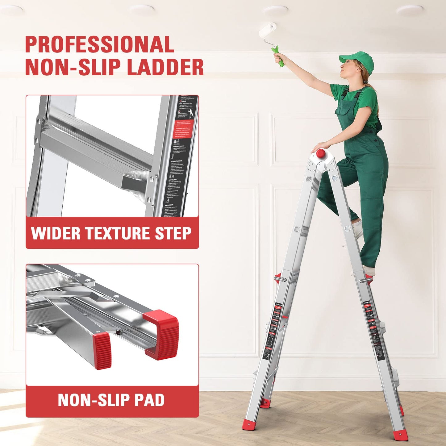 ECOMAX Folding Ladder, 13 ft Aluminum Extension Ladder, 300 lbs Load Capacity, Portable Telescoping Ladder with Non-Slip Rubber, Multi-Position Step Ladders, for Working Indoor/Outdoor EM4X3L2