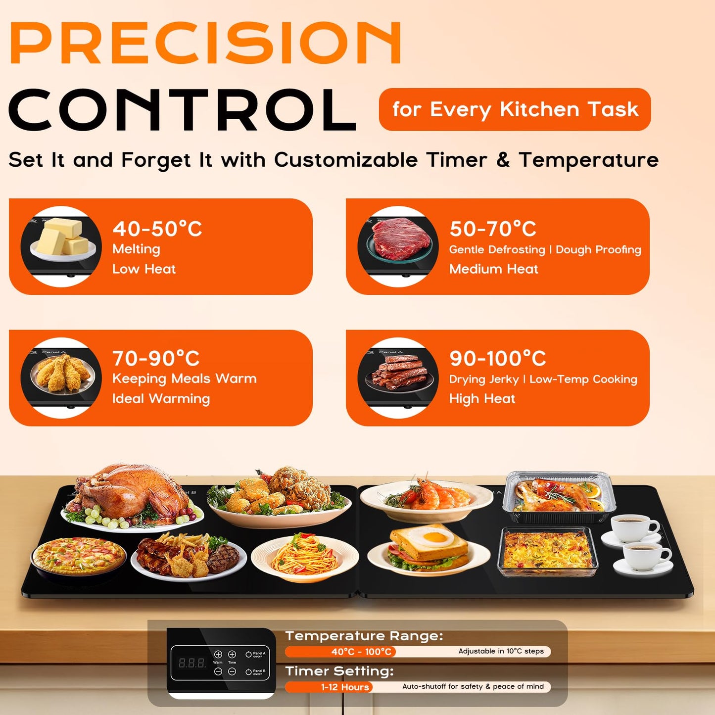 Electric Warming Mat for Food 32" x 12", Tempered Glass Top,Food Warmer Tray for Countertop, Parties Buffet,Gatherings,Adjustable 104–212°F with 1–12h Timer,Built-in Thermostat & Overheat Protection