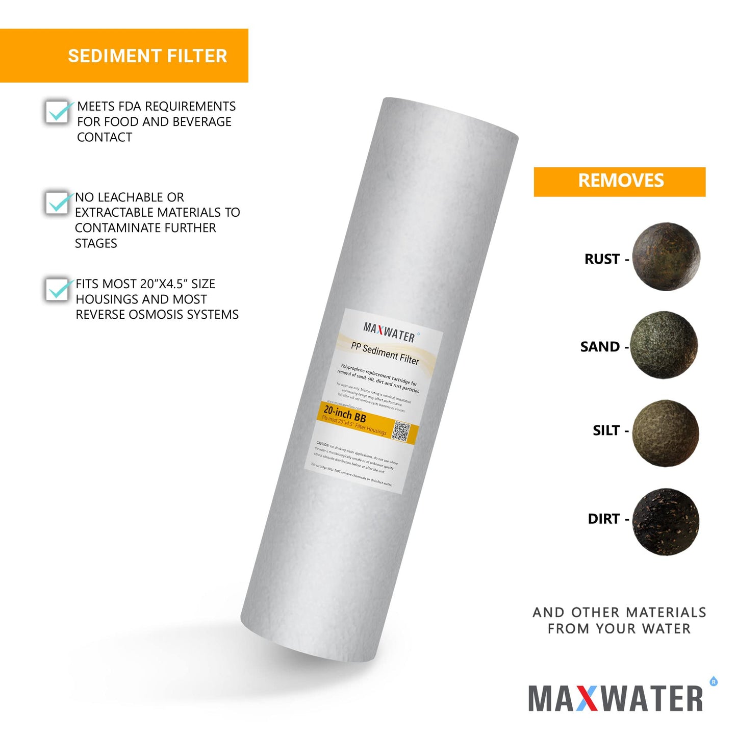 Max Water 5 Micron 20 x 4.5 Sediment Filter 20 inch Whole House BB Water Filtration System Replacement Compatible Cartridge DGD-5005-20, FP25B, AP810-6, FPMB5-20, P5-20, 155358-43, SDC-45-2005
