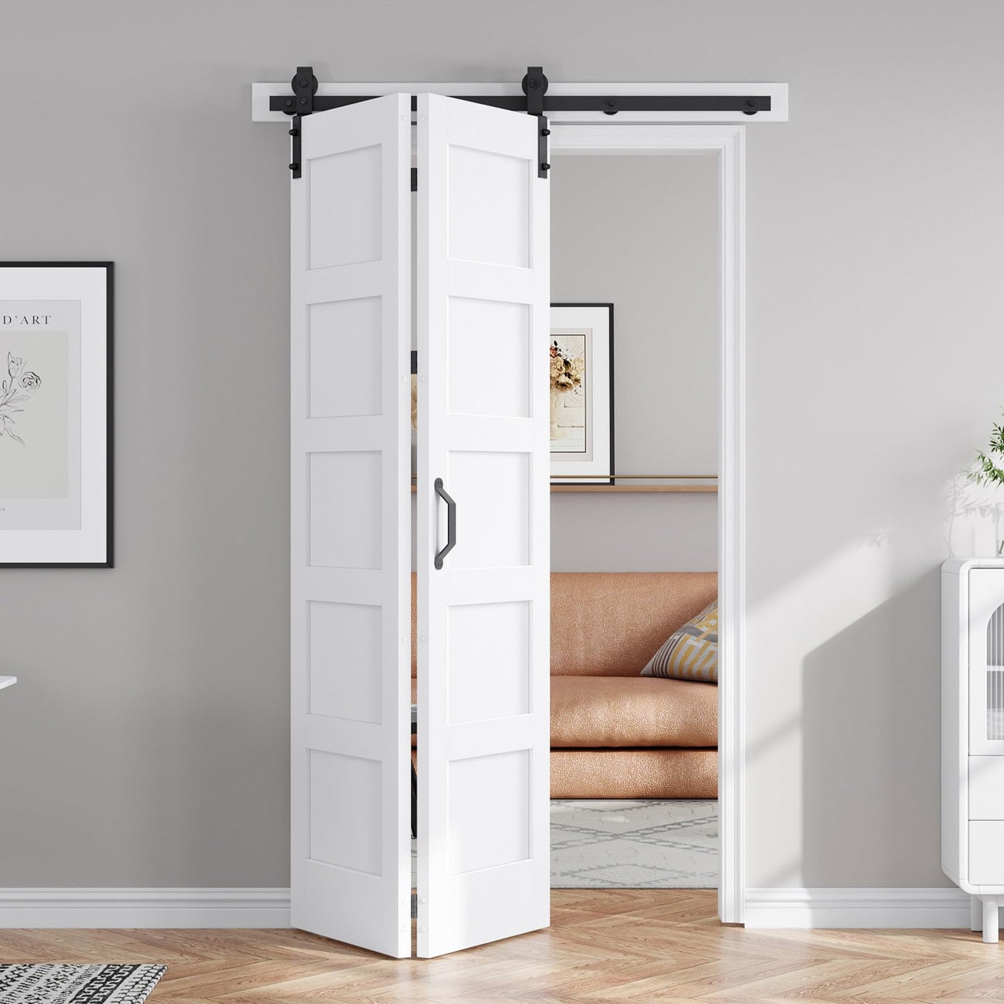 FREDBECK 48X84(Double 24x84) Bi-fold Barn Door Folding Doors White with 52" Hardware Kit,Interior Water-Proof PVC Surface for Closet,Assembly Required