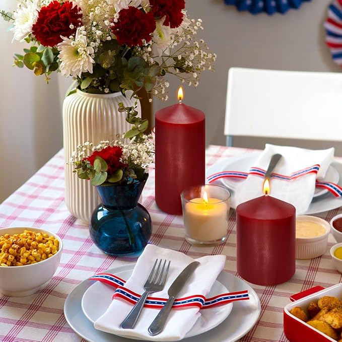 Dripless 3x4 3x6 3x8 Inch Red Burgundy Pillar Candles, 3 Packs Unscented Long Lasting Large Solid Colored Different Sizes Cylinder Column Candles for Home Table Decor Power Outage Emergency