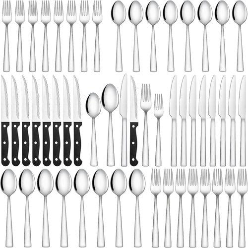 CEKEE Stainless Steel Silverware Set - 48-Piece Flatware for 8 with Steak Knives | Mirror Polished & Dishwasher Safe