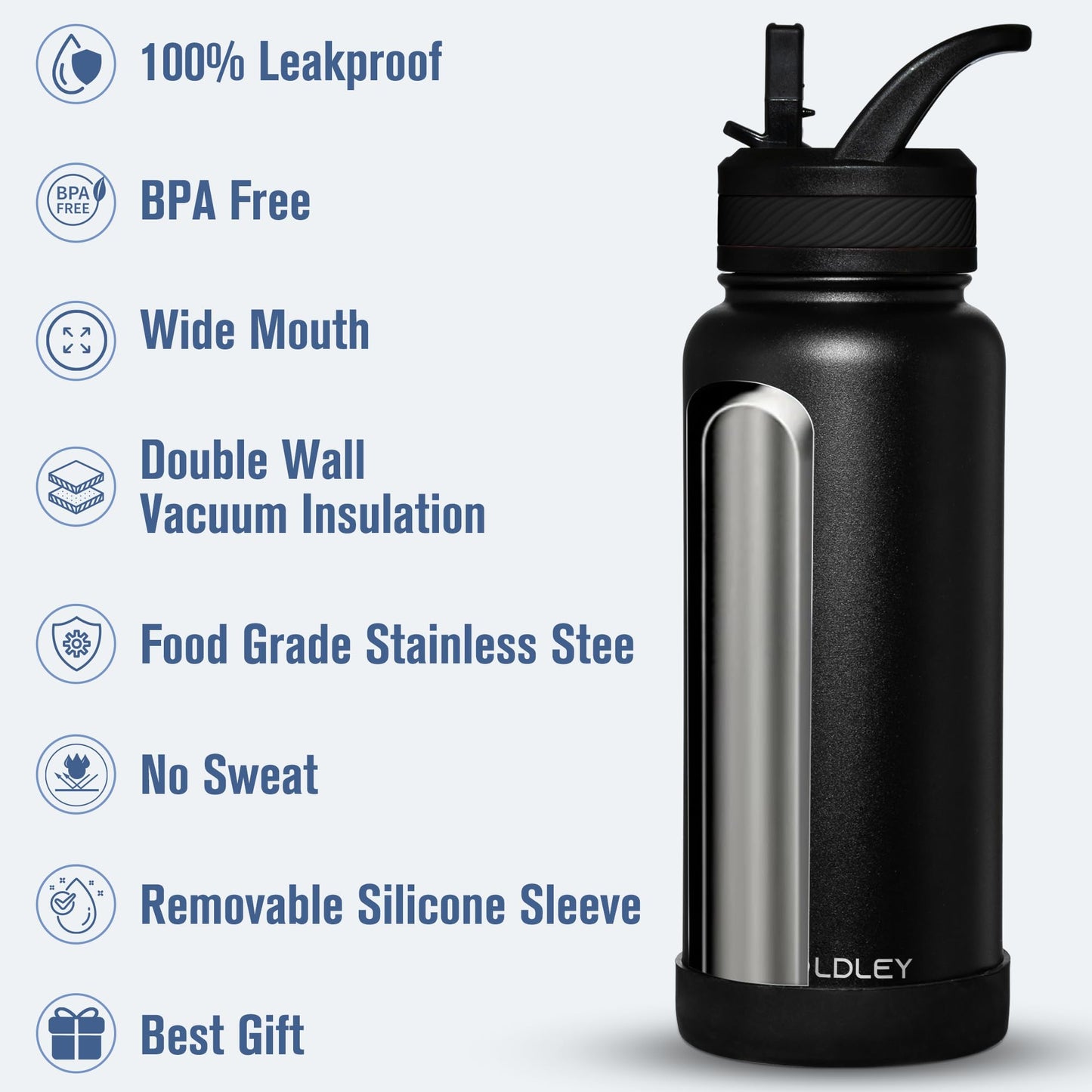 OLDLEY 32 oz Insulated Water Bottle With Straw, Stainless Steel Sports Water Cup Flask with 3 Lids(Straw, Spout and Handle Lid) Double Walled Travel Thermal Canteen Mug,Black