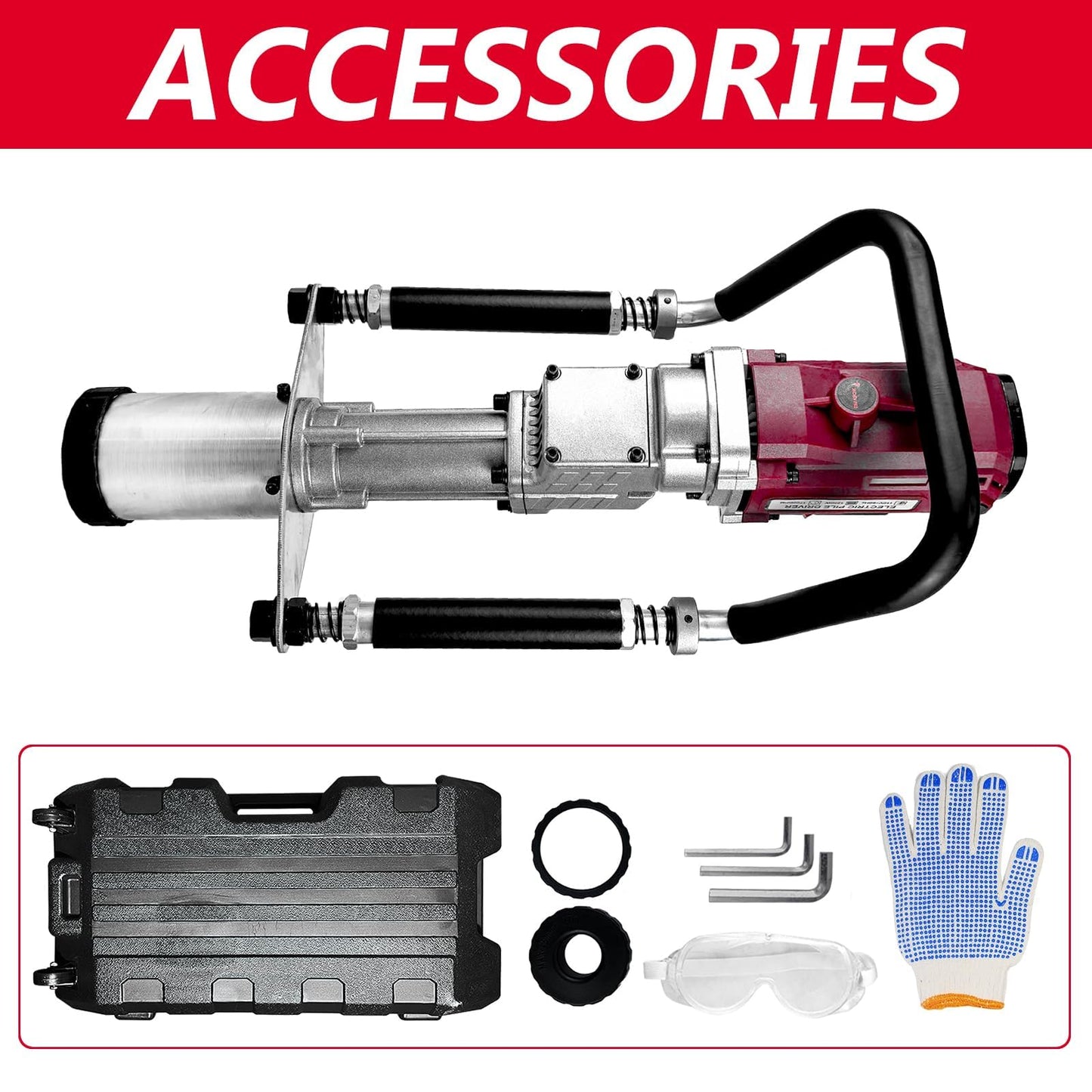 JKCHENPRO 1250W Electric Pile Driver Hammer, 110V Handheld Pile Driver, 1700 BPM Sufficient Power Electric T Post Driver with 45mm, 55mm,88mm pile sleeve