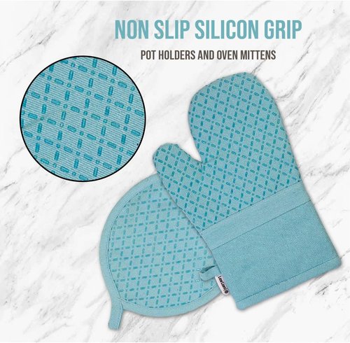 Lane Linen 16-Piece Kitchen Towel Set | Heat Resistant Oven Mitts & Pot Holders, Absorbent Aqua Dish Cloths