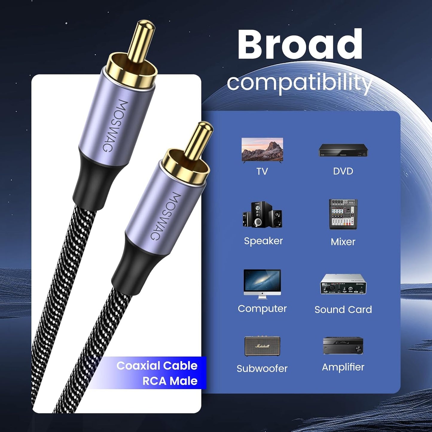 3.3FT/1M, 24K PS3, MOSWAG RCA Coaxial Cable Digital Audio Cable, RCA Digital Coaxial Cord Plated Nylon, Suitable