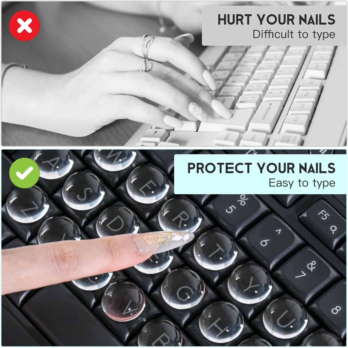 DAMMOMKO 54PCS Keyboard Stickers for Long Nails - Clear Glass Long Nail Keyboard Cover Bubbles, Raised Nail Art Typing