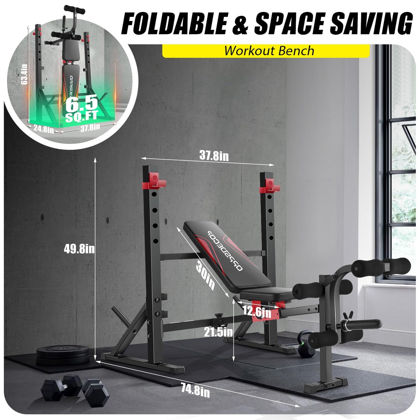 OPPSDECOR 900LBS Weight Bench Set with Squat Rack Foldable Bench Press Set with Leg Extension & Leg Curl Professional Flat/Incline/Decline Workout Bench for Home Gym Full Body Exercise