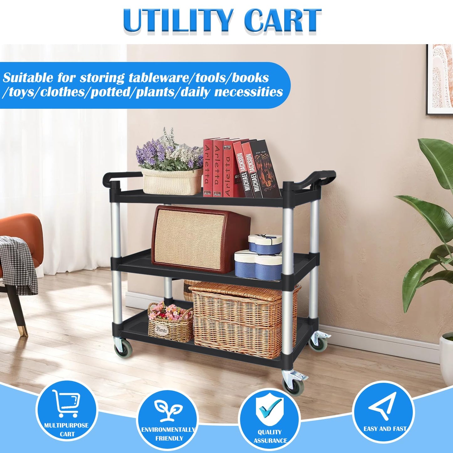 Utility Cart with Wheels, 3 Tier Rolling Cart, Food Cart, Plastic Heavy Duty Utility Cart, Restaurant Kitchen Service Cart on Wheels for Office Business Garage， 510lbs 16.9" D x 31.5" W x 39.5" H