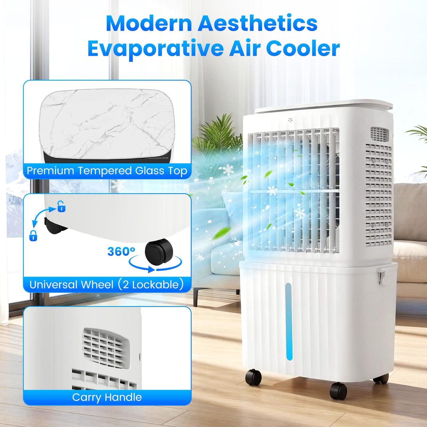 Auertech 6.8 Gal Swamp Cooler, 2500CFM Evaporative Air Cooler with Light & Detachable Tank, Portable Cooling Fan, 4-IN-1 AC Unit, Windowless Air Conditioners for Bedroom Apartment Garage