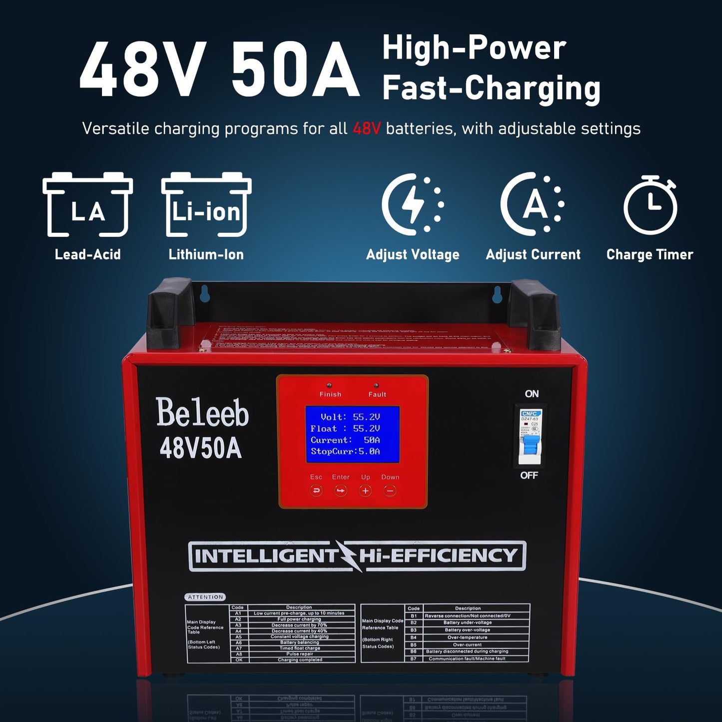 Beleeb 48V 50A Adjustable Battery Charger, Intelligent Charger for Lead-Acid & LiFePO4 Lithium Batteries, 240V AC Hardwired Charger for Forklifts, Golf Carts, Sightseeing Cars, Energy Storage Systems