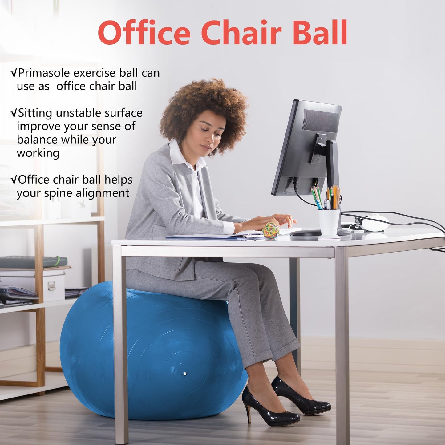 Primasole 45cm Anti-Burst Yoga Ball for Pilates, Core Strength, Pregnancy & Office Chair - Stability Ball for Home & Gym Workout (17.7 Inch, Blue)‌