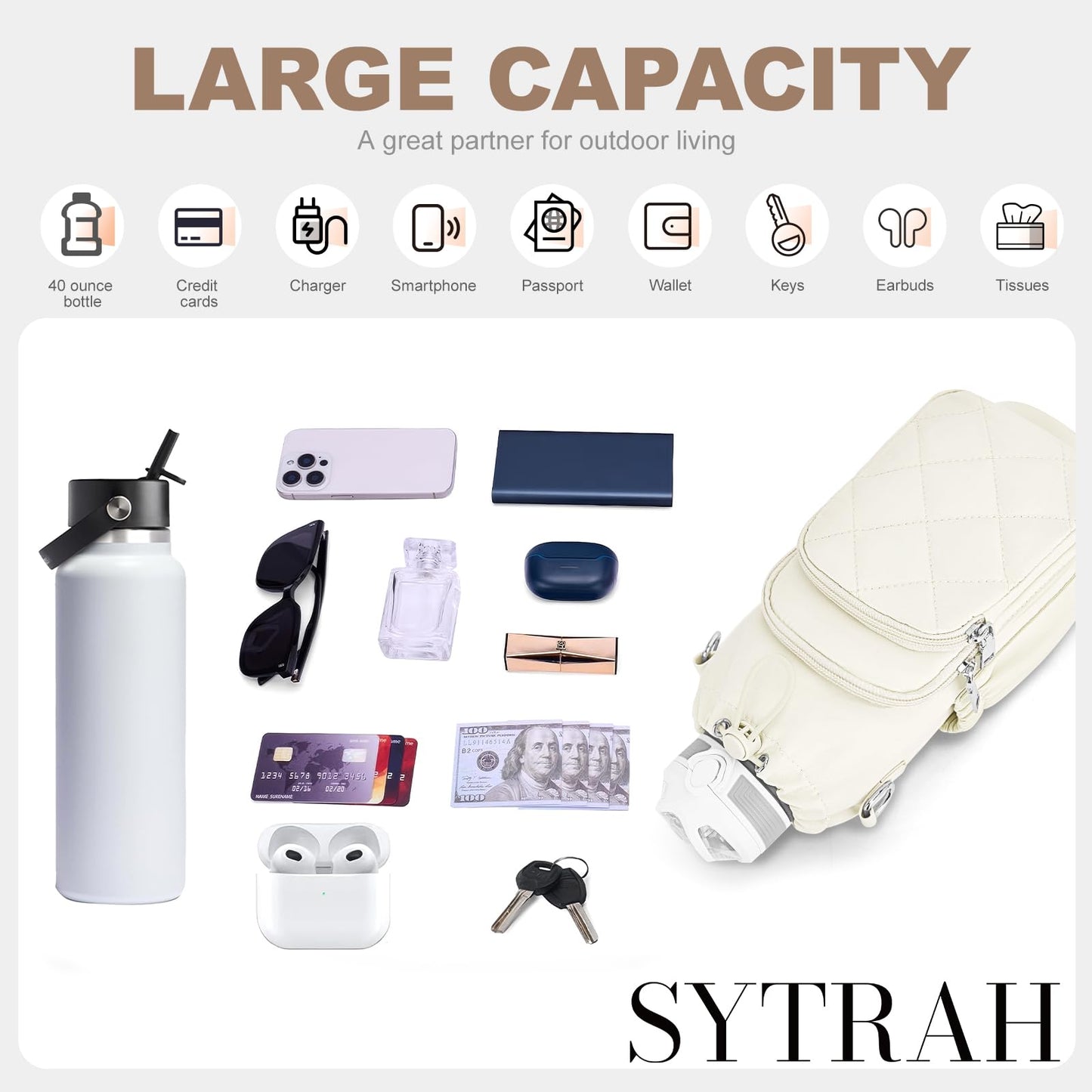 SYTRAH Water Bottle Bag Crossbody，Insulated Water Bottle Purse Crossbody Water Bottle Holder with Strap 40 oz, Sling Bag for Walking Hiking, White
