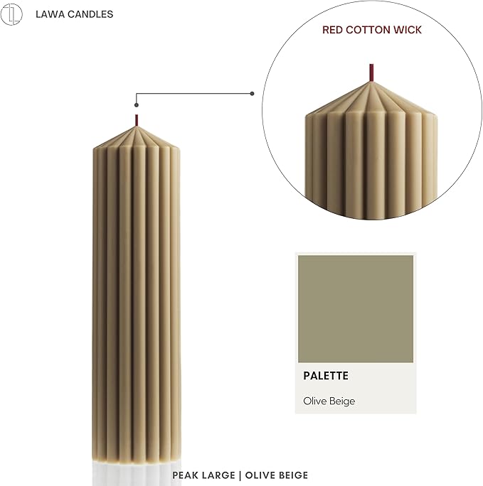 LAWA Ribbed Peak Pillar Candle - Large Beautiful Handmade Pillar Scented Soy Wax Candle Elegant Bubble Aesthetic Candle Housewarming Gift Home Room Shelf Decor Idea White (Set of 3, Olive Beige)