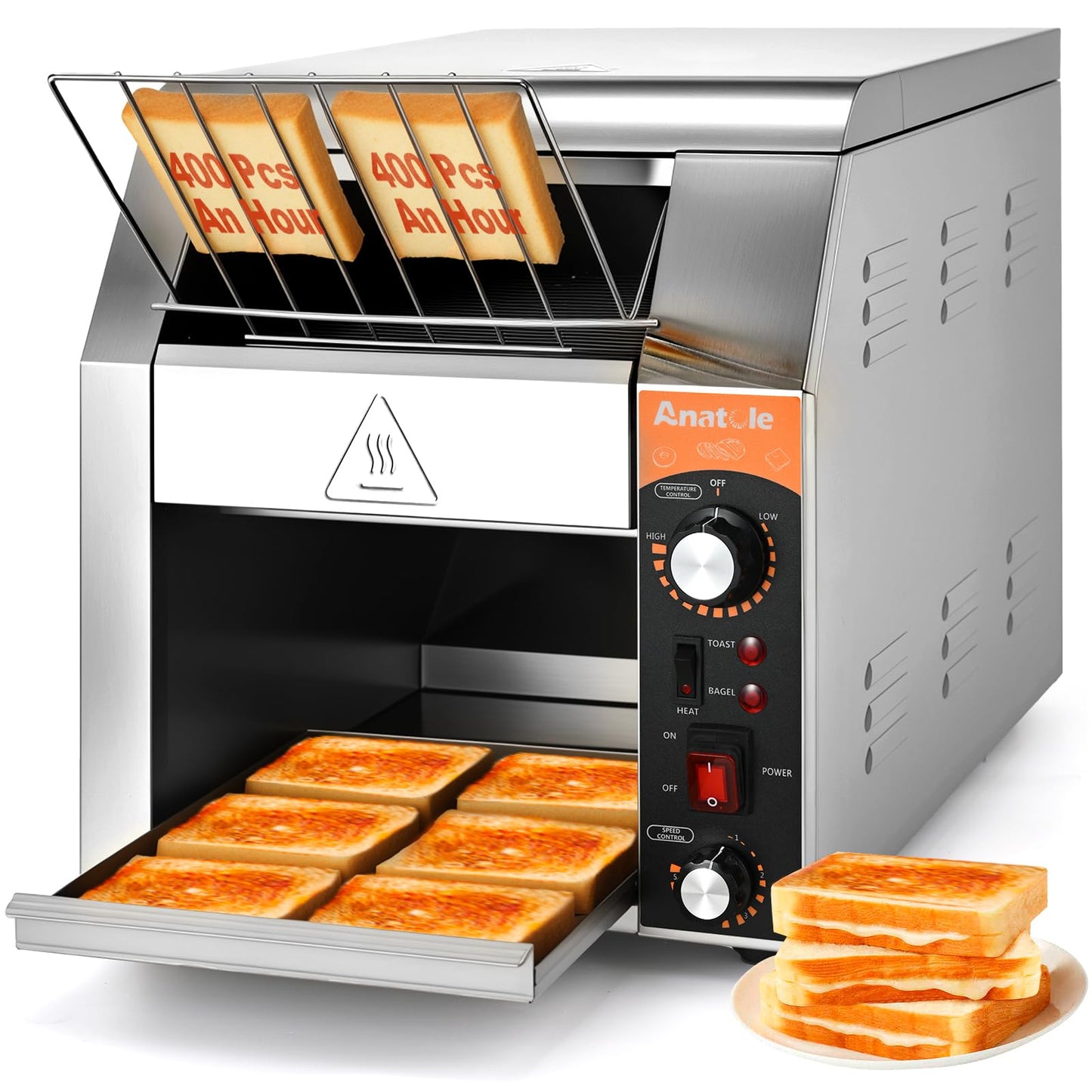 Anatole Commercial Conveyor Toaster 400 Slices/Hour Stainless Steel Electric Toaster Oven Heavy Duty 1700W for Bun Bagel Bread Waffle Coissant Buffet Restaurant Cafe Hotel