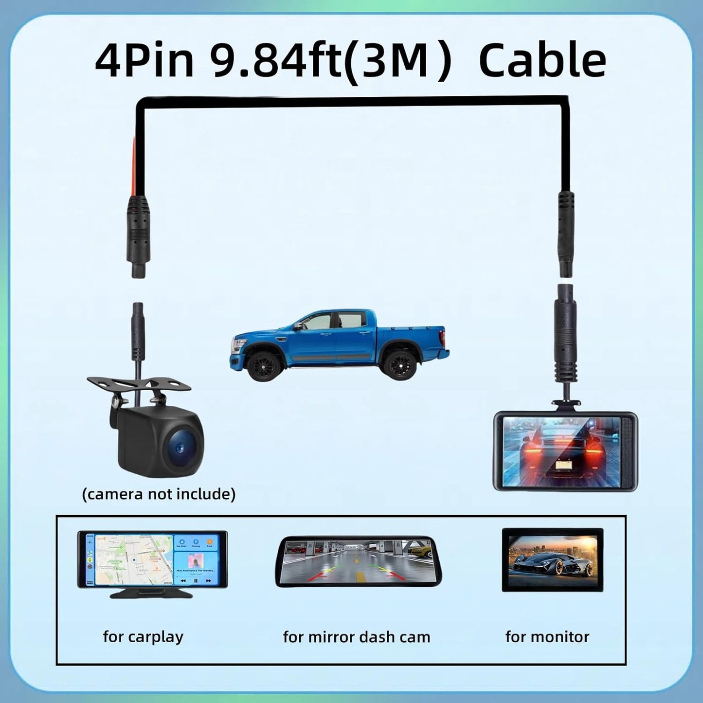 Epronic 4 9.84Ft 4PIN (4-pin 3M/9.84ft) Pin Dash Cam Rear View Backup Camera Male to Female Cable Reverse Car Recorder
