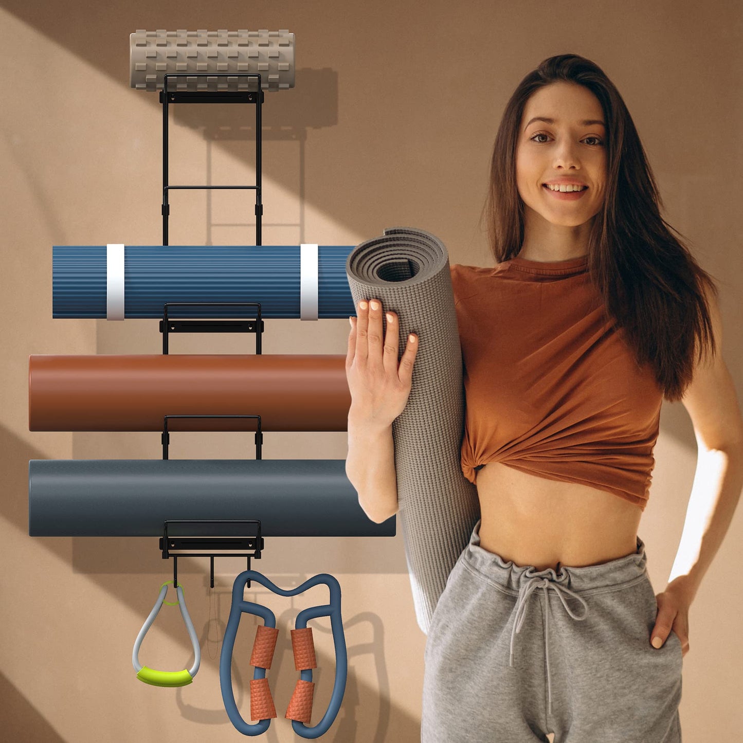 Kesito Yoga Mat Holder Wall Mount, Wall Rack Organizer, Storage Foam Roller and Block, with 5 Sectional and 3 Hooks for Hanging Yoga Strap, Resistance Bands at Fitness Class or Home Gym, Decor(Black)