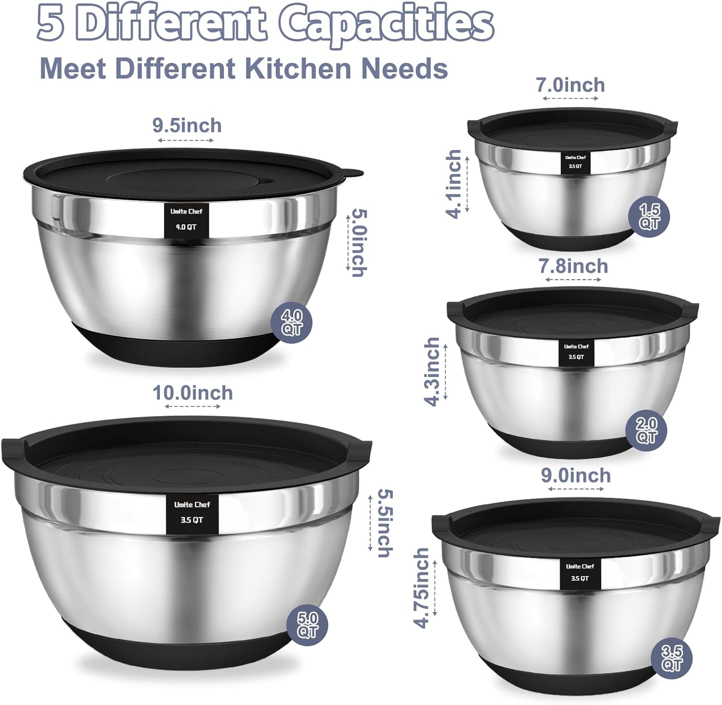 Umite Chef Mixing Bowls - 8PCS Stainless Steel Set with Airtight Lids & Non-Slip Bottoms | Black, 1.5QT to 5QT