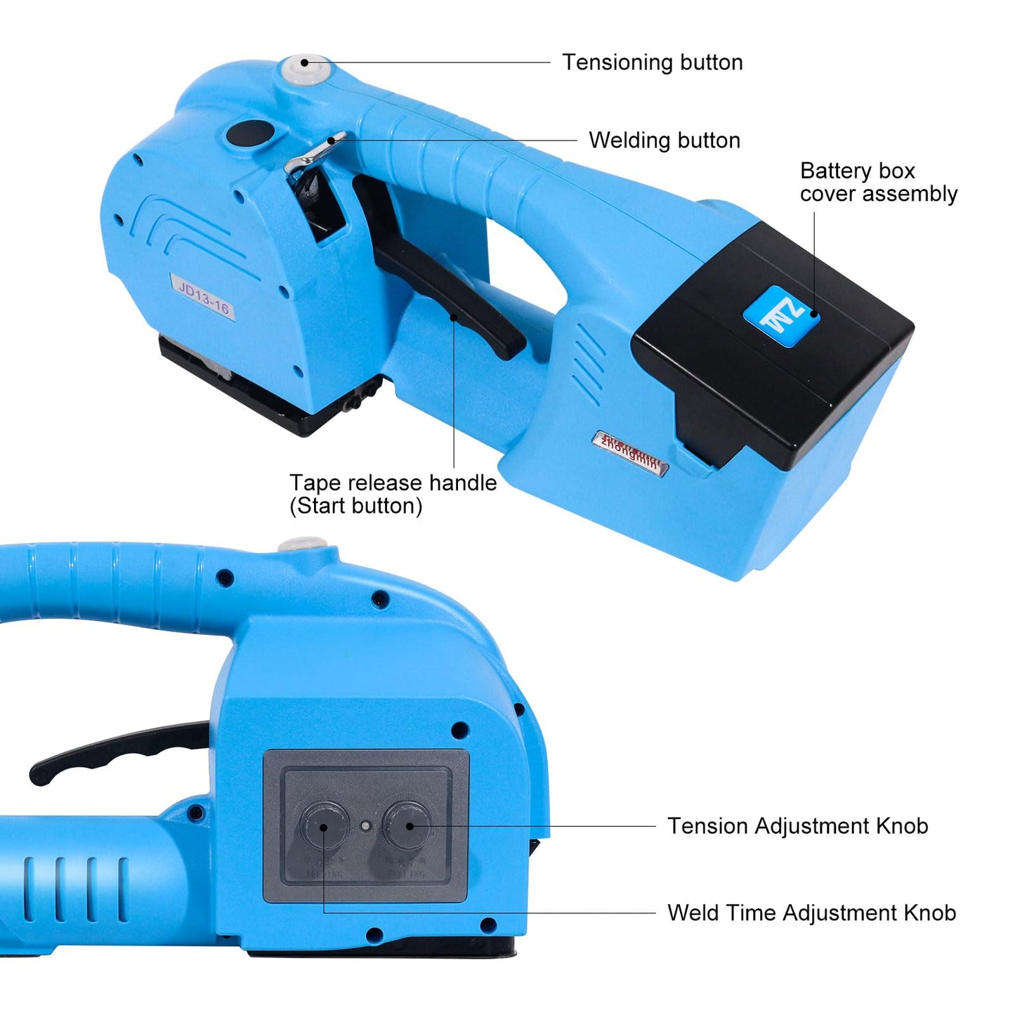 ZHONGMIN Electric Strapping Machine for 1/2"-5/8" PP/PET Straps, 2 x 4000mAh Battery Powered Automatic Banding Tool, All-in-One Portable Baler for Box and Pallet Packaging (JD13-16)